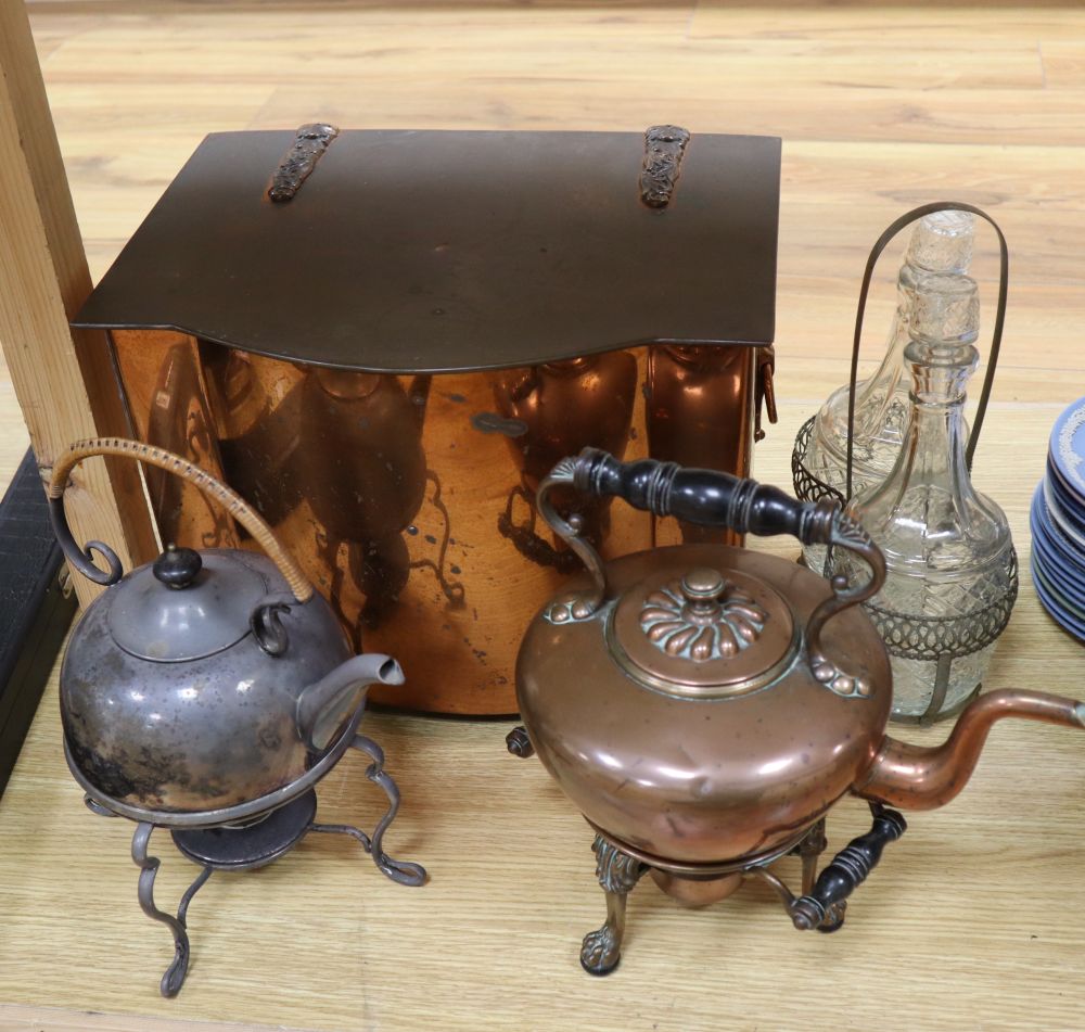 A Christopher Dresser style plated kettle, a copper coal box, a copper kettle and a plated two-bottle decanter stand